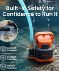 No Fuss Submersible Utility Water Pump 2760 GPH Portable Sump Pump in water with safety features and hose.