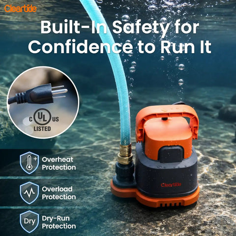 No Fuss Submersible Utility Water Pump 2760 GPH Portable Sump Pump in water with safety features and hose.