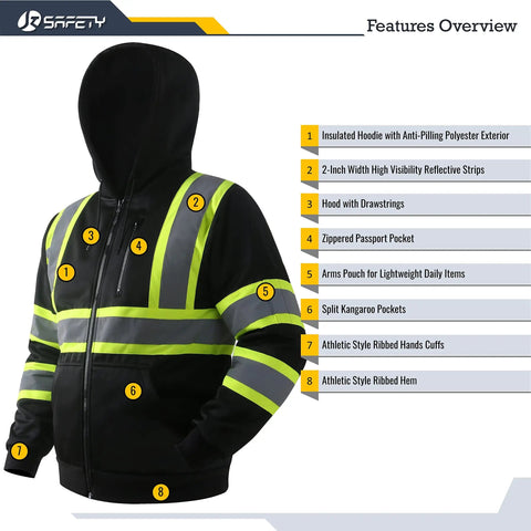 Hi-Vis Safety Zip-Up Hoodie Sweatshirt with Reflective Strips Class 3 PPE Fleece Jacket featuring pockets and extended trims