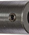 Rigid coupling in black oxide-finished mild steel; 1/2 in bore, 1 in OD, 1.5 in long with two 1/4-20 set screws