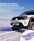 Two-pack Vigtayue lifting slings, 1in x 3.3ft, purple 2-ply polyester with eye-to-eye ends, shown attached to a vehicle.