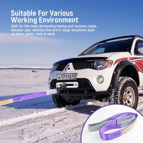 Car towing with Two Pack 5 to 1 Safety Factor 1 Inch by 3.3 Foot Polyester Webbing Lifting Slings With Twisted Eye Ends 2204 Lb Working Load Limit Heavy Duty Cargo Hoist Strap Purple For Industrial Shop Hoisting on snowy terrain.