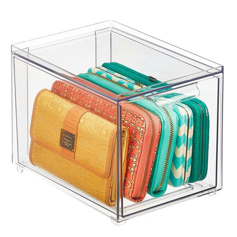 Clear 2 Pack Slim Stackable Closet Organizer Bins With Pull Out Drawers For Shoes Bags Totes Accessories And Small Linens, holding colorful purses