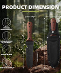 Hori Hori Garden Knife With 7 Inch Stainless Steel Blade And Full Tang Walnut Handle All Purpose Outdoor Garden Tool For Digging Weeding Cutting And Pruning Includes Hanging Hole Great Gift For Gardeners, shown with sheath and dimensions