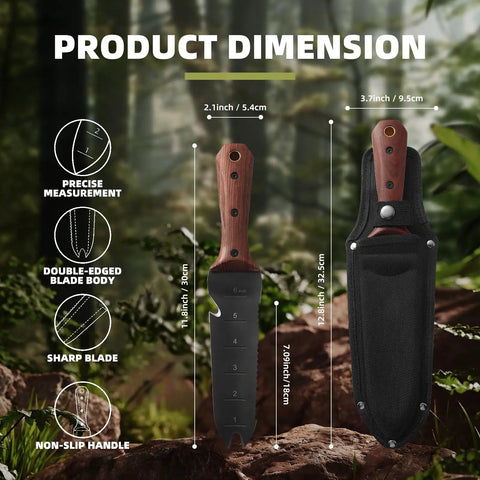 Hori Hori Garden Knife With 7 Inch Stainless Steel Blade And Full Tang Walnut Handle All Purpose Outdoor Garden Tool For Digging Weeding Cutting And Pruning Includes Hanging Hole Great Gift For Gardeners, shown with sheath and dimensions