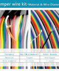 Jumper wire kit comparison showing copper and non-copper wires with 10 and 7 core strands, part of All In One Upgraded Electronics Component Kit.