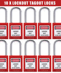 Lockout Tagout Lock Box Kit With Ten Loto Locks displaying ten red danger locks for OSHA safety compliance.