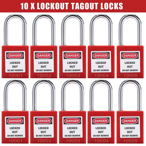 Lockout Tagout Lock Box Kit With Ten Loto Locks displaying ten red danger locks for OSHA safety compliance.