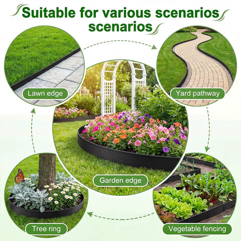 Collage showing uses of Landscape Edging Kit 1.5 Inch By 100 Foot Plastic Garden Border With 120 Spikes No Dig Black Border