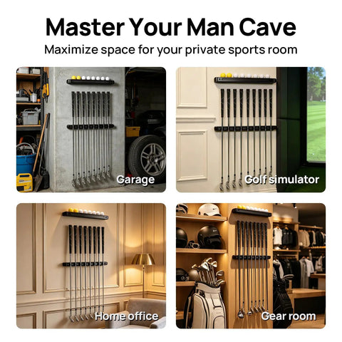 Dope Wall Mounted Golf Club Rack With 8 Clips And Golf Ball Display in garage, simulator, home office, and gear room setups