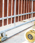 Solid 4 Inch V Groove Gate Wheel Set Heavy Duty Sliding Gate Rollers One And Three Quarters Inches Width Caster Wheels With 2500 Lbs Capacity Screw Mount Double Bearing Pair Two Sets installed on gate