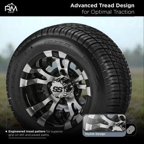 Warlock Black And Machined 10 Inch Golf Cart Wheel And Tire Kit With 205/50-10 Low Profile Tires Pre Mounted On Aluminum Rims