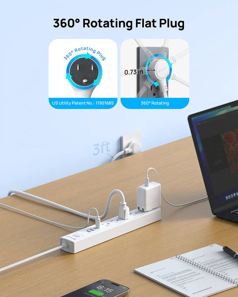 Power Strip Surge Protector With Five Widely Spaced Outlets Three USB Ports Including USB C Six Foot Flat Plug shown in use