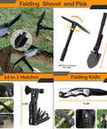 Survival tools set: folding shovel and pick, 14-in-1 hatchet, and folding knife in black.