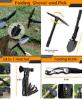 Tools from the All In One 250 In 1 Survival Kit With First Aid And Trauma Gear, showing folding shovel, hatchet, and knife.