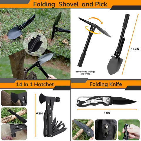 Tools from the All In One 250 In 1 Survival Kit With First Aid And Trauma Gear, showing folding shovel, hatchet, and knife.