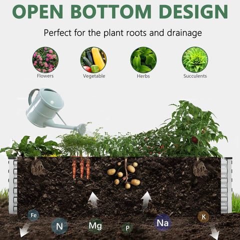 Illustration of open bottom design in Two Piece Galvanized Raised Garden Bed Kit 8 By 4 By 2 Feet Outdoor Planter Boxes