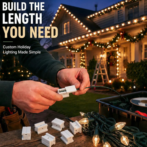 Person connecting wires using Badass 50 Pack Of Spt-1 Vampire Plugs For Christmas Light Wire Connectors And Diy Splice Cords Indoors Or Outdoors Powers Up String Lights With Zero Hassle In Bright White.