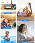 Collage of travel scenarios including beach, camping, swimming, and business trip with "Travel", "Beach", "Camp", "Swimming", "Business Trip" labels