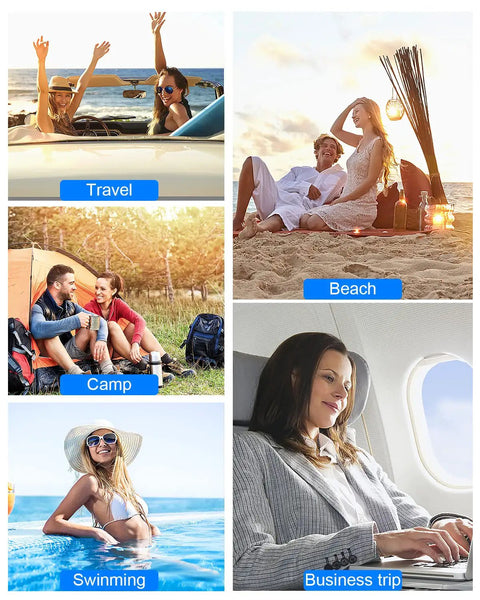 Collage of travel scenarios including beach, camping, swimming, and business trip with "Travel", "Beach", "Camp", "Swimming", "Business Trip" labels