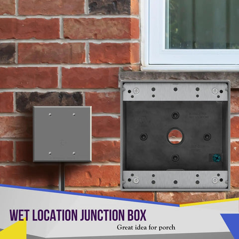 Weatherproof Two Gang Outdoor Electrical Box With Three Half Inch Threaded Outlets Die Cast Metal Enclosure Protects Against Moisture Dust And Insects Ideal For Outdoor Receptacles And Switches mounted on brick wall