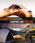 HORUSDY gas siphon banner showing outdoor camping and car fuel theme with desert rally truck and lakeside tent