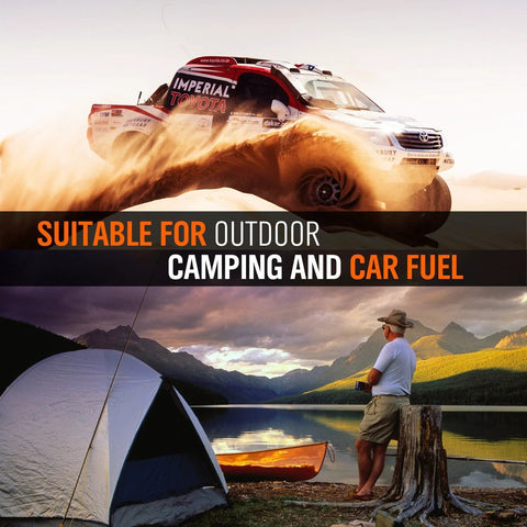 HORUSDY gas siphon banner showing outdoor camping and car fuel theme with desert rally truck and lakeside tent