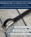 Close-up of Double Braided Nylon Boat Anchor Rope 50 Ft By One Quarter Inch With Stainless Steel Thimble And Heavy Duty Marine Grade Bow Shackle