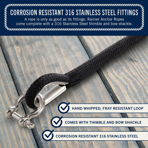 Close-up of Double Braided Nylon Boat Anchor Rope 50 Ft By One Quarter Inch With Stainless Steel Thimble And Heavy Duty Marine Grade Bow Shackle