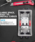 Top view of MCB 125A 1000V DC disconnect switch in open casing, showcasing internal layout, suitable for solar PV systems.