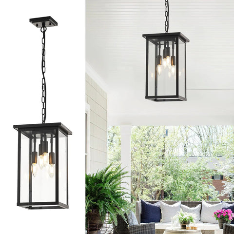 8 Inch Modern Black Exterior Lantern Pendant Light With 3 Lights, Acrylic Bubble Glass Shade, Industrial Hanging Cage