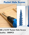 Focus on 8 By 2 And A Half Inch Exterior Pocket Hole Screws With Coarse Thread Square Drive Washer Head Blue Coated Weather Resistant Built Tough Includes 150 Millimeter And 50 Millimeter Drive Bits in use with power drill and screw details.