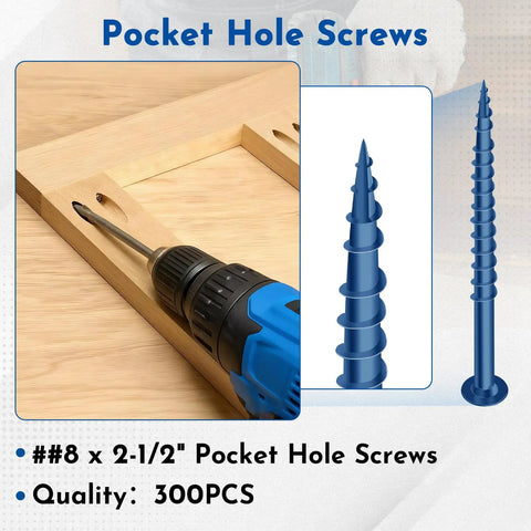Focus on 8 By 2 And A Half Inch Exterior Pocket Hole Screws With Coarse Thread Square Drive Washer Head Blue Coated Weather Resistant Built Tough Includes 150 Millimeter And 50 Millimeter Drive Bits in use with power drill and screw details.