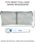 The Original Wand Pouch Storage Case fits most full size wand massagers with room for chargers and accessories shown next to a wand.