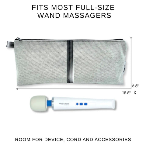 The Original Wand Pouch Storage Case fits most full size wand massagers with room for chargers and accessories shown next to a wand.