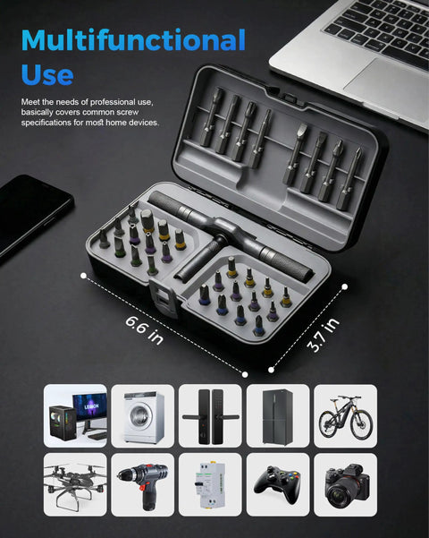 32 In 1 Magnetic Ratchet Screwdriver Set With Removable T Handle, open in black case, suitable for DIY home computer bicycle repair.