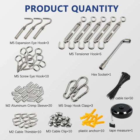Heavy Duty One Eighth Inch Wire Rope Kit 165FT Stainless Steel Cable With M5 Turnbuckles, Hooks, Clamps, Thimbles And Carabiners components