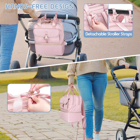 Premium Breast Pump Bag Featuring An Insulated Cooler Compartment For Wearable Pumping Backpack Storage Keeps Bottle Freshness Locked In While Carving Space For All Nursing Essentials And Diaper Gear Is The Ultimate Go To Mom Hack, shown attached to stroller.