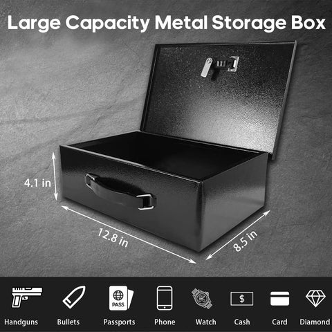 Fireproof Document Safe Box With Dual Lock System, open view, black, showing sturdy carry handle and roomy interior.