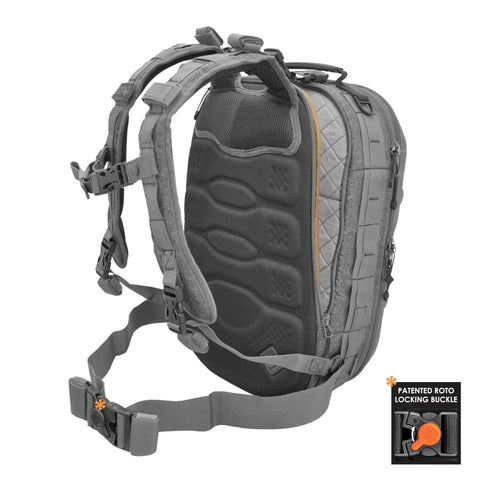 Back view of impact-resistant hardshell camera and drone backpack with external mounting system, padded straps, and buckle details