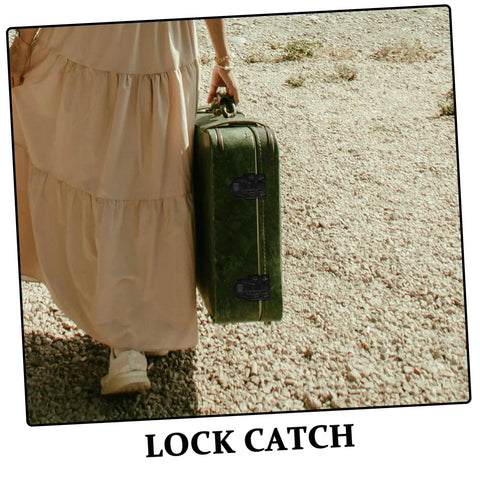 Person holding suitcase with Retro Duckbilled Hasp Latch Set for Tool Boxes and Jewelry Boxes, secure vintage lock.