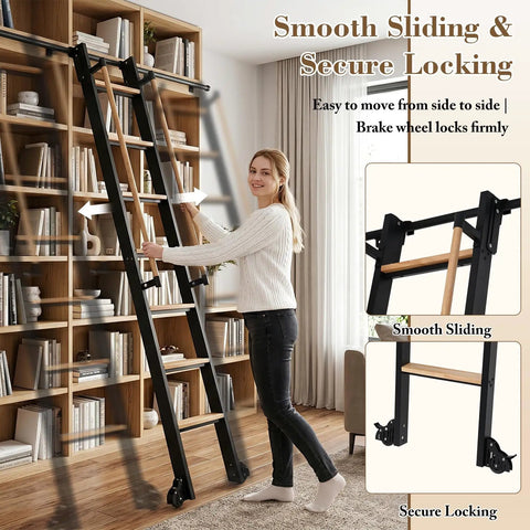 Rolling Library Ladder With Six Point Six Foot Sliding Track And Ninety Six Inch Telescoping Aluminum Ladder On Wheels With Handrail For Bookshelves Loft And Closet Space Saving Rail Mounted Design Heavy Duty Yet Lightweight, woman on rail-mounted bookshelf ladder