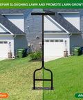 Manual Lawn Aerator With Eleven Iron Spikes for Easy Soil Breakup showcased on a lawn with before and after effects.