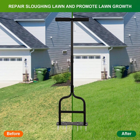 Manual Lawn Aerator With Eleven Iron Spikes for Easy Soil Breakup showcased on a lawn with before and after effects.