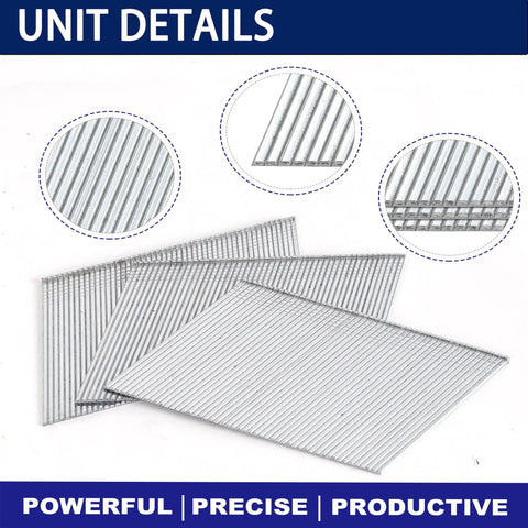 Pro Grade 16 Gauge 20 Degree Finish Nails 900 Piece Assortment Kit Chisel Point Coil Nails displayed in rows on a white background.