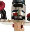 Dead Nuts Universal Compact Router Sub Base Quick Adjust Plate with swivel handles and bushing mounts for woodworking.