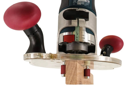 Dead Nuts Universal Compact Router Sub Base Quick Adjust Plate with swivel handles and bushing mounts for woodworking.