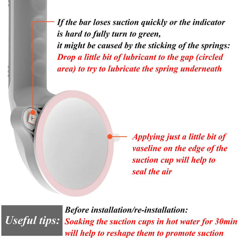 Suction Shower Grab Bar Set With Indicators No Drill Install 17 Inch Long maintenance tips in white and gray