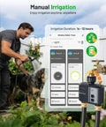 Man using WiFi Sprinkler Timer 2 Zone With 1700 Ft Range, Smart Hose Timer, smartphone app control outdoor garden irrigation