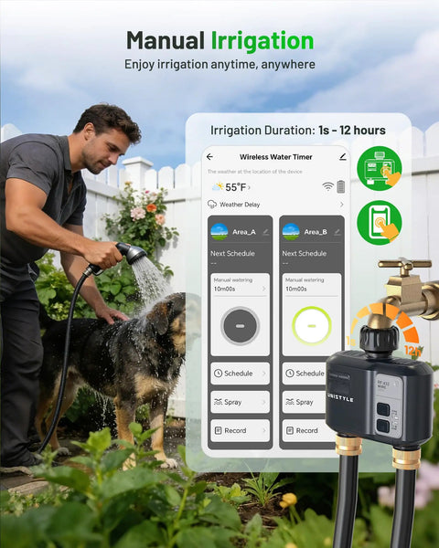 Man using WiFi Sprinkler Timer 2 Zone With 1700 Ft Range, Smart Hose Timer, smartphone app control outdoor garden irrigation